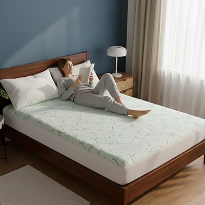 femme faisant lecture sur housse de matelas