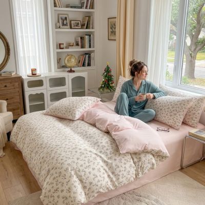 femme regardant dehors assise sur parure de lit
