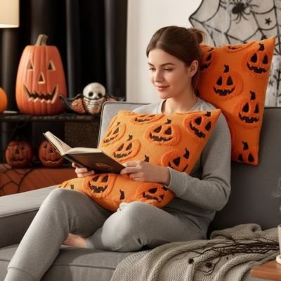 jeune femme relaxant sur canapé avec housse de coussin 45x45