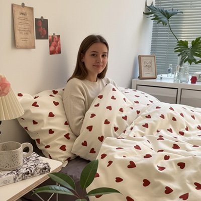 jeune fille heureuse assise avec housse de couette fille