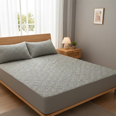 protege matelas gris sur lit