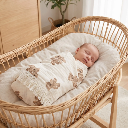 bébé endormi dans bassinette enveloppé dans couverture emmaillotage