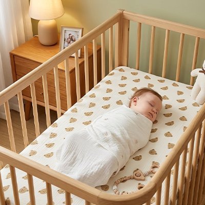 bebe emmaillote sur drap housse bebe