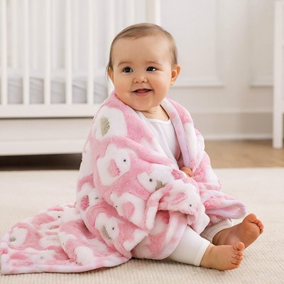 bébé fille assise souriante enveloppé  couverture en polaire bebe rose