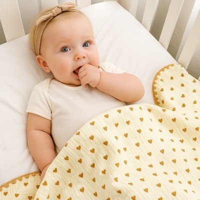 bébé fille éveillé dans bassinette avec couverture bebe coeur