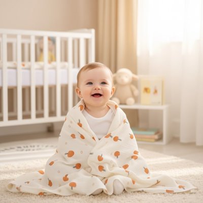 bebe-souriante-assise-enveloppe-dans-couverture-emmaillotge-bebe