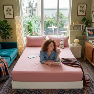 étudiante lisant couchée sur draps housse