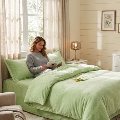 femme adossée avec revue sous housse de couette flanelle