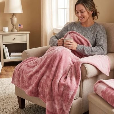 femme assise dans fauteuil avec café et plaid