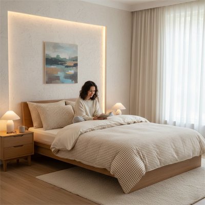 femme assise dans lit avec housse de couette