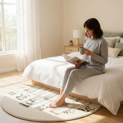 femme assise pied déposé sur tapis rond enfant panda