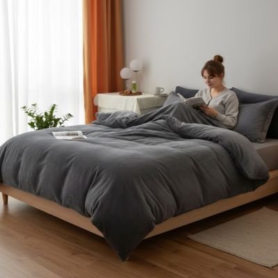 femme assise regardant revue sous housse de couette flanelle