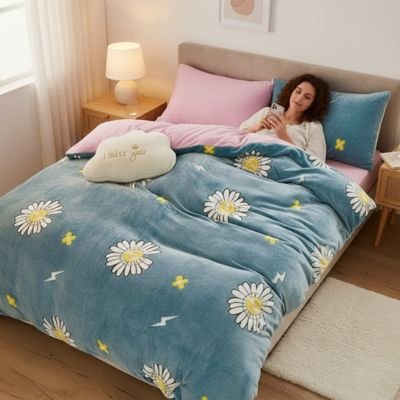 femme avec cellulaire sous housse de couette 1 personne