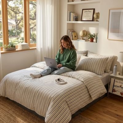 femme avec portable assise housse de couette 220x240