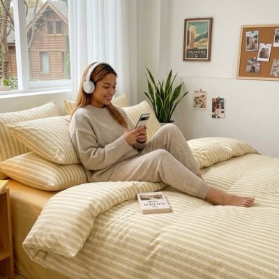 femme écoutant musique sur housse de couette 220x240