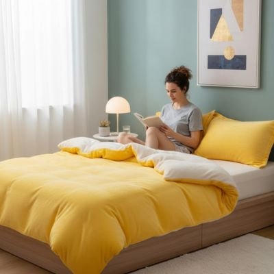 femme faisant lecture avec housse de couette flanelle