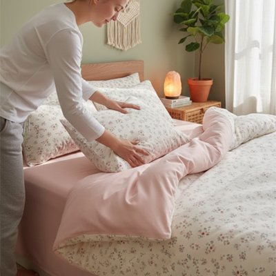 femme faisant son lit avec housse de couette rose