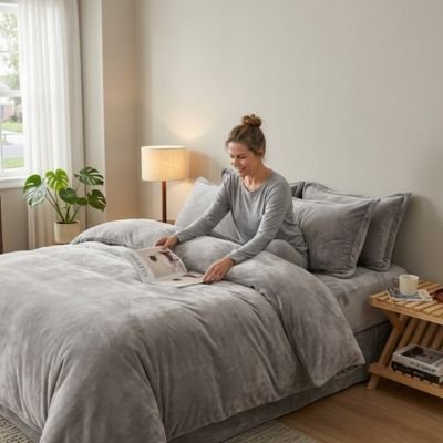 femme heureuse déposant livre sur housse de couette flanelle