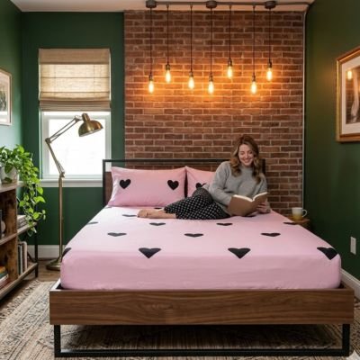 femme lisant dans chambre avec drap housse