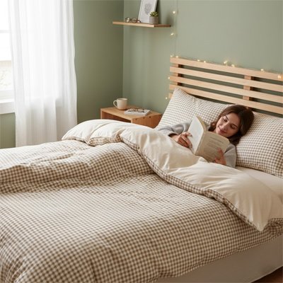 femme lisant dans son lit sous housse de couette vichy brun
