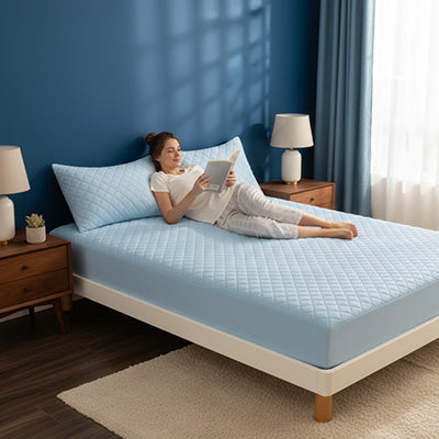 femme lisant étendue sur protège matelas imperméable