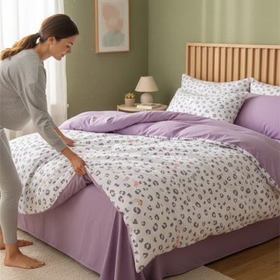 femme placant housse de couette léopard sur lit