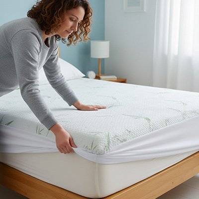 femme plaçant protège matelas bambou sur lit