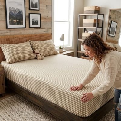 femme plaçant son drap housse sur  matelas