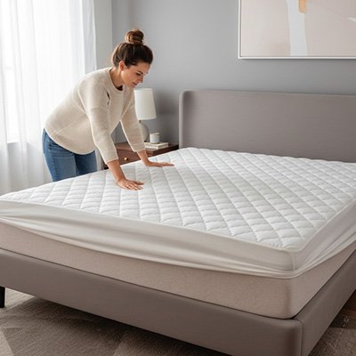 femme plaçant son protège matelas sur son lit