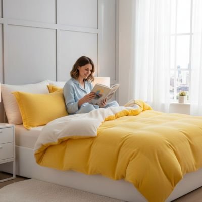 femme regardant livre avec housse de couette flanelle