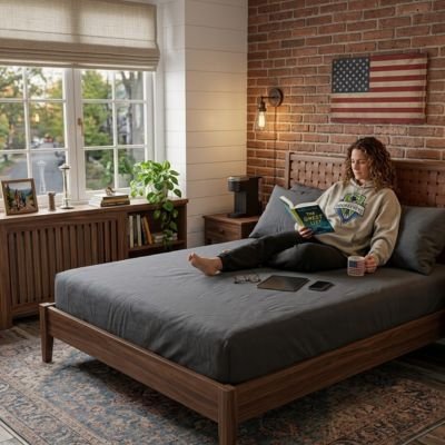 femme relaxant avec un livre sur draps housse