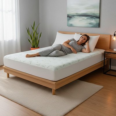 femme relaxant sur housse de matelas