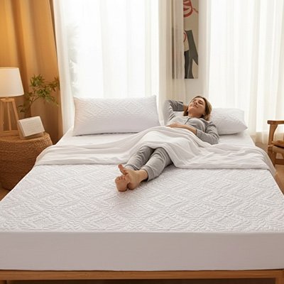 femme relaxant sur protege matelas blanc