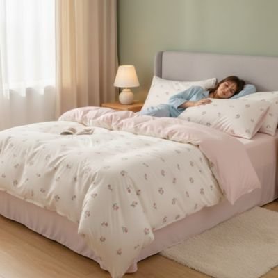 femme souriant couchée sur parure de lit