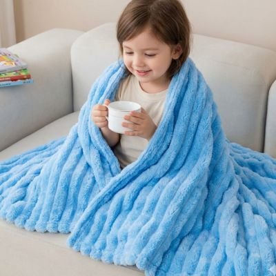fillette assise enveloppée dans plaid enfant 