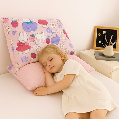 fillette faisant sieste avec oreiller enfant motif lapin
