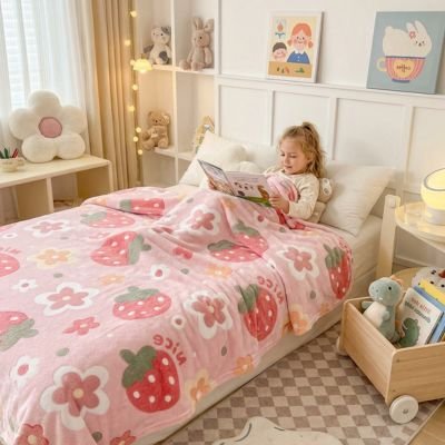fillette regardant livre avec plaid enfant