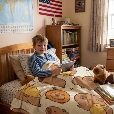 gaçon-souriant-sous-couverture-enfant-capybara