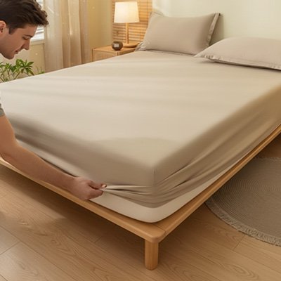 homme ajustant drap housse sur son lit