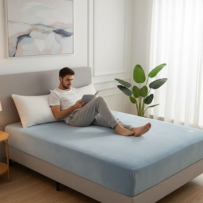 homme assis lisant dans son lit sur drap housse flanelle
