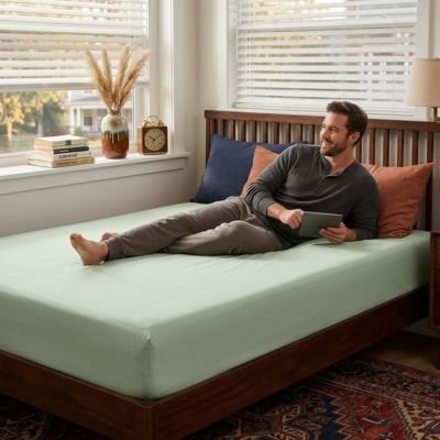 homme avec tablette souriant sur draps housse