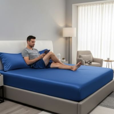homme avec tablette sur draps housse 
