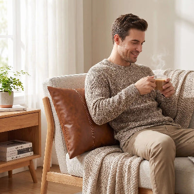 homme buvant café sur canapé avec housse de coussin 45x45