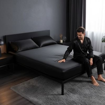 homme caressant draps housse noir