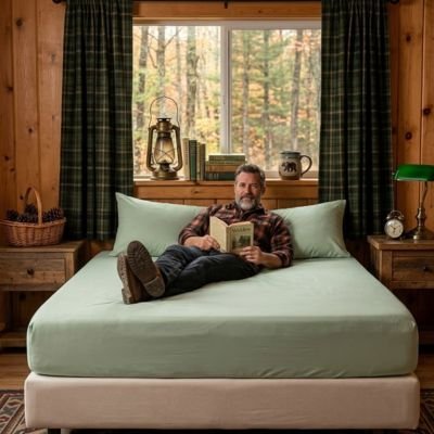 homme étendue sur draps housse avec  livre