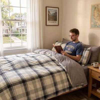 homme lisant avec housse de couette 220x240