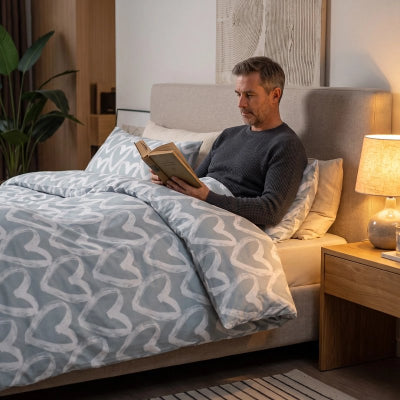 homme lisant avec parure de lit 200x200 gris