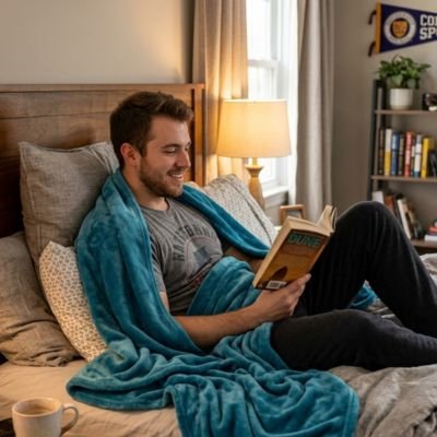 homme lisant dans lit enveloppé dans plaid