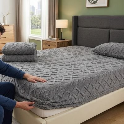 homme plaçant housse de matelas sur matelas