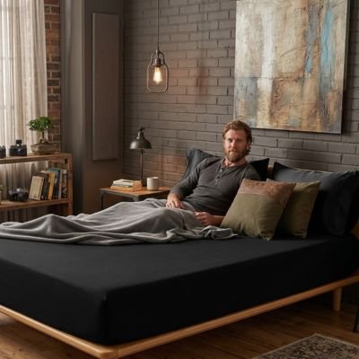 homme relaxant dans lit sur drap housse